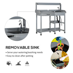 Potting Bench Table Garden Work Bench Workstation with Drawer, Removable Sink, Storage Shelves and Hooks for Patio, Courtyards, Balcony