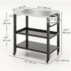 Outdoor Kitchen Bar Cart BBQ Table with Wheels, Stainless Steel Pizza Oven Stand, Movable Prep Table with Hooks