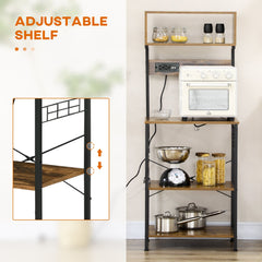 Baker's Rack with Charing Station, Microwave Shelf with Power Outlet, USB Charger and 5 Hooks, Black