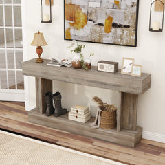 63 Inch Long Console Table, Vintage Narrow Entryway Table with Storage Shelf for Living Room and Hallway, Dark Brown