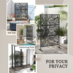 6.5FT Decorative Outdoor Divider, Metal Privacy Screen with Stand, Leaf Style, Black