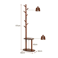 Coat Rack with 8 Rubber Wood Hooks and 2 Storage Shelves-Walnut