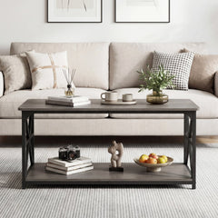 Coffee Table 2-Tier Center Table with Storage Shelf-Oak