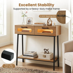 Console Table with LED Lights and Open Shelf for Hallway Entrance-Natural