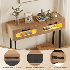 Console Table with LED Lights and Open Shelf for Hallway Entrance-Natural