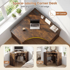 Corner Computer Desk Triangle Home Office Desk with Adjustable Shelf and Arc-Shaped Profile-Rustic Brown