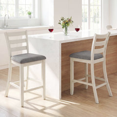 Set of 2 Counter Height Chairs with Ladder Backs and Grey Padded Seats, 26 Inch Seat