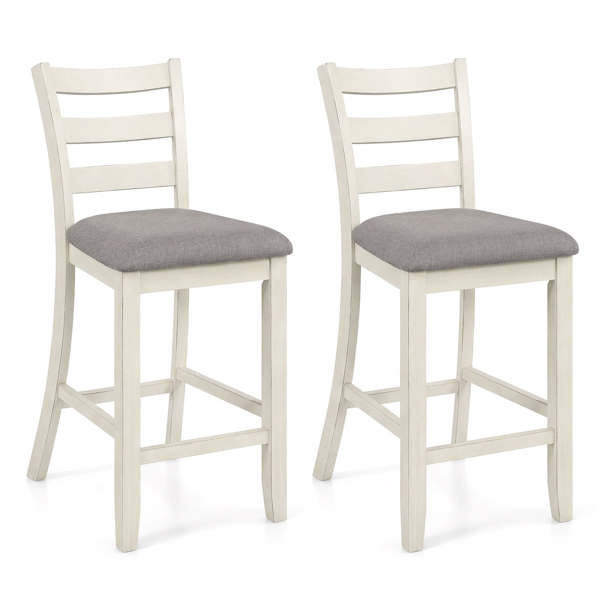 Set of 2 Counter Height Chairs with Ladder Backs and Grey Padded Seats, 26 Inch Seat