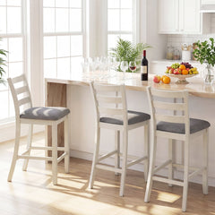 Set of 2 Counter Height Chairs with Ladder Backs and Grey Padded Seats, 26 Inch Seat