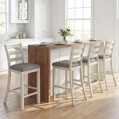 Set of 2 Counter Height Chairs with Ladder Backs and Grey Padded Seats, 26 Inch Seat