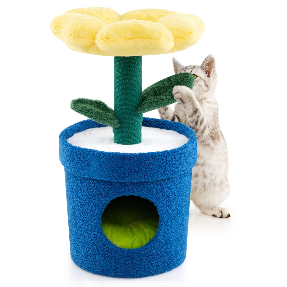 28.5 Inch Yellow Flower Cat Tree with a Petal Bed and a Pot Shaped Condo