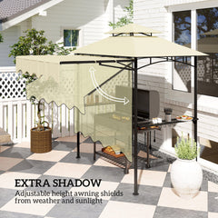 8' x 7.6' Grill Gazebo, Double Tiered Barbecue Grill Gazebo Shelter w/ Side Awning, 2 Side Shelves, 6 Hooks, Beige
