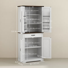 71" Tall Kitchen Cabinet, Farmhouse Pantry Cabinet with Barn Doors, Drawer and Adjustable Shelves, White
