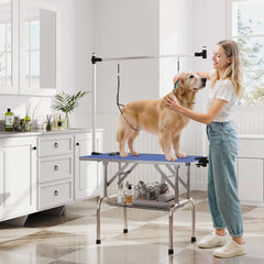 Adjustable Dog Grooming Table with 2 Safety Slings, Storage Basket, Black