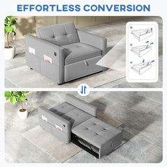 Convertible Chair Bed, Pull Out Sleeper Chair with USB, Adjustable Backrest, Small Velvet Futon Sofa Bed, Cream White