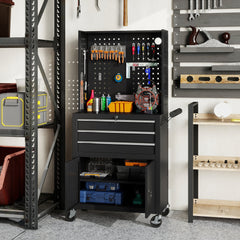 Rolling Tool Cabinet with Pegboard, Lockable Tool Chest, Mobile Tool Storage Organizer for Garage and Workshop, Black