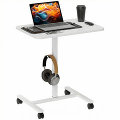 Height Adjustable Standing Desk, Pneumatic Sit Stand Desk with Wheels and Headphone Hook, Grey Wood Grain