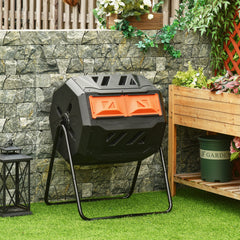43 Gallon (160L) Tumbling Compost Bin Outdoor Dual Chamber 360° Rotating Composter with Sliding Doors, Solid Steel Frame and Gloves, Black