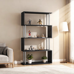5-Tiers Geometric Wooden Bookcase S-Shaped Storage Bookshelf Display with Metal Frame for Living Room, Bedroom, Home Office, White