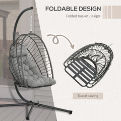 Hanging Egg Chair with Stand, Foldable Wicker Rattan Swing Chair with Thick Cushion, Light Grey
