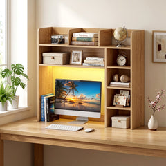 Desktop Bookshelf with LED Lights 35.5 inch Desk Hutch Storage Organizer-Natural