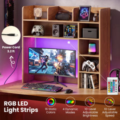Desktop Bookshelf with LED Lights 35.5 inch Desk Hutch Storage Organizer-Natural