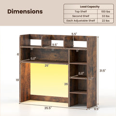 Desktop Bookshelf with LED Lights 35.5 inch Desk Hutch Storage Organizer-Rustic Brown
