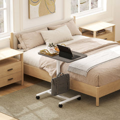 Height Adjustable Standing Desk, Pneumatic Sit Stand Desk with Wheels and Headphone Hook, Grey Wood Grain