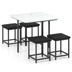 Dining Table Set with 4 Upholstered Stools and Metal Frame-White