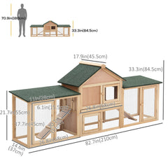 Large Rabbit Hutch Wood Bunny Cage Outdoor Guinea Pig House with Double Runs Slide Out Tray Ramps, 83"x18"x33", Natural