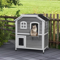 2-Storey Outdoor Cat House, Wooden Catio with Openable Roof, Lounge Space, Fun Entrances, for Feral Cats, Grey