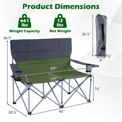 Double Camping Chair with Carry Bag Cup Holders-Green