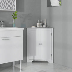 Modern Bathroom Storage Cabinet, Corner Cabinet with Doors, Bathroom Cabinet with Adjustable Shelf and Recessed Door, White
