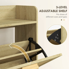 Slim Shoe Storage with 2 Flip Drawers and Adjustable Shelves, Rattan Shoe Cabinet Organizer for 12 Pair, Oak