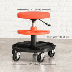 Rolling Garage Stool, 300 LBS Capacity Mechanic Stool with 2.5" Wheels, Tool Trays Storage, Adjustable Height, Red