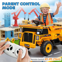 Kids Electric Car, Ride On Dump Truck, 12V Ride On Toy with Electric Dump Bed and Remote Control, Yellow