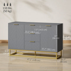 47" Storage Cabinet with Doors, Adjustable Shelves, 3 Drawers, Metal Legs for Kitchen Storage, Home Use, White