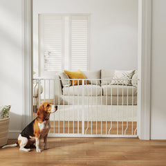 30"- 45" Easy Install Pet Gate w/ Door & Double Locking System, Extra Wide Dog Gate for Stairs, Hallways, White