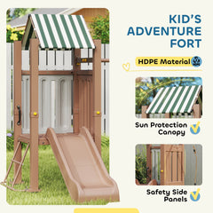 4-in-1 Kids Swing Set for Playground with Slide, Covered Fort, Climbing Ladder, Ground Stakes, for Kids Ages 3-8, Brown
