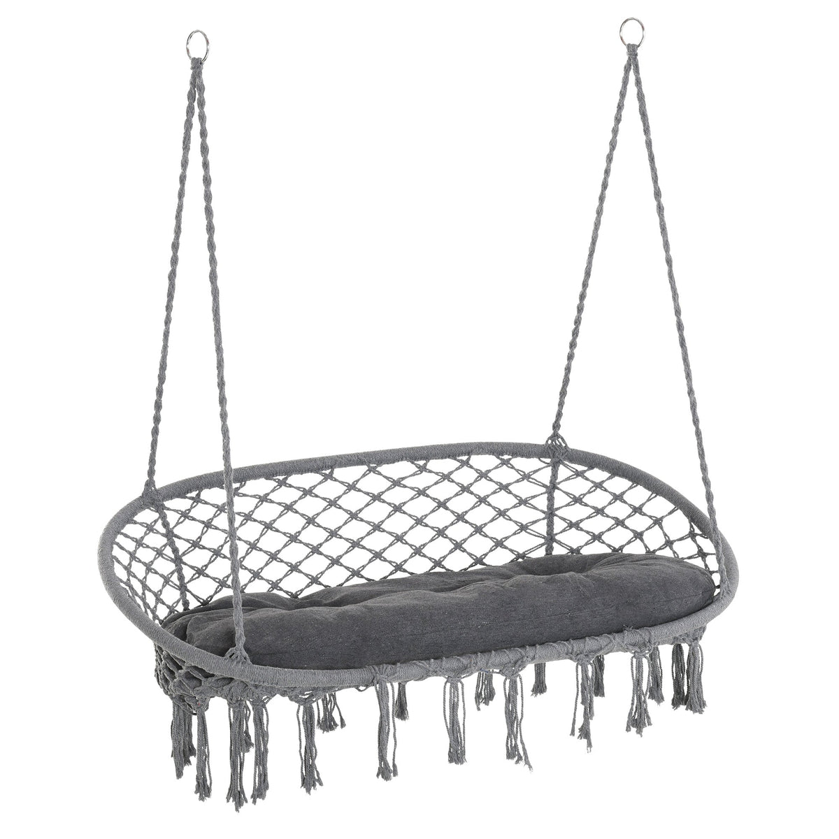 Patio Hammock Chair 2 Seat, Hanging Rope Hammock Swing Chair with Metal Frame and Cushion, Large Macrame Seat for Indoor and Outdoor 396 lbs Capacity, Dark Grey