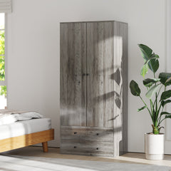Modern Wardrobe Closet Armoire with 2 Drawers and Hanging Rod, Clothes Storage Organizer for Bedroom, Grey