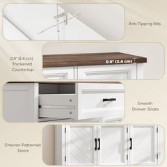 Sideboard Buffet Cabinet, 44" Farmhouse Kitchen Cabinet with 3 Chevron Doors, 2 Drawers and 2 Adjustable Shelves, White
