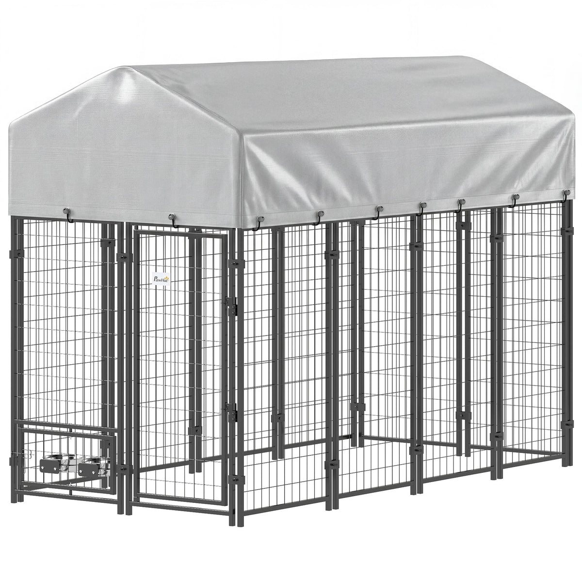 Outdoor Dog Kennel, Lockable Pet Playpen Crate, Welded Wire Steel Fence, Rotating Bowl Holders, Green