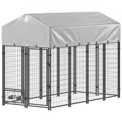 Outdoor Dog Kennel, Lockable Pet Playpen Crate, Welded Wire Steel Fence, Rotating Bowl Holders, Green