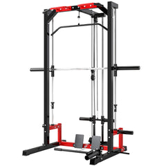 Smith Machine Power Rack with Pull Up Bar, Lat Pull Down System, Landmine, Squat Rack, Barbell Bar, for Home Gym