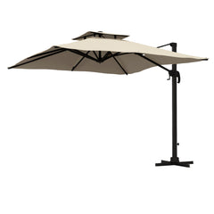 10ft Square Cantilever Patio Umbrella, 360° Rotating Overhanging Umbrella with Cross Base, Crank Handle, Khaki