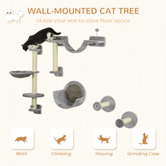 5PCs Cat Wall Shelves with Hammock, Scratching Posts, Perches, Ladder, for Indoor Cats, Light Grey