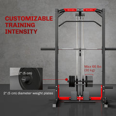 Smith Machine Power Rack with Pull Up Bar, Lat Pull Down System, Landmine, Squat Rack, Barbell Bar, for Home Gym