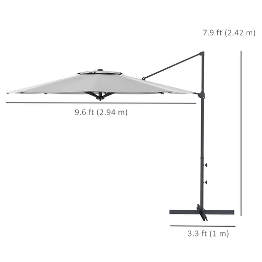 10 FT Cantilever Umbrella, Aluminum Hanging Offset Umbrella with 360°Rotation, Crank, Tilt, Cross Base, Grey