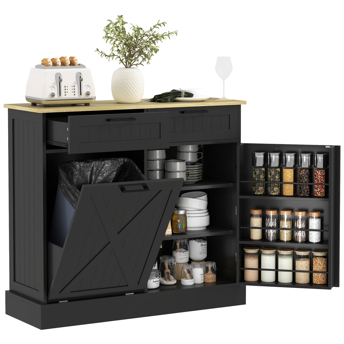 10 Gallon Hidden Garbage Bin Cabinet, Tilt Out Trash Cabinet w/ 2 Drawers, Freestanding Kitchen Island, Black